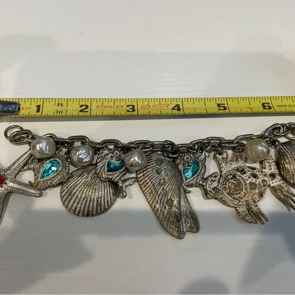 Vintage Charm Bracelet Silver Gold  Tone Ocean Sea Shell Starfish Stones 7" - Picture 5 of 7